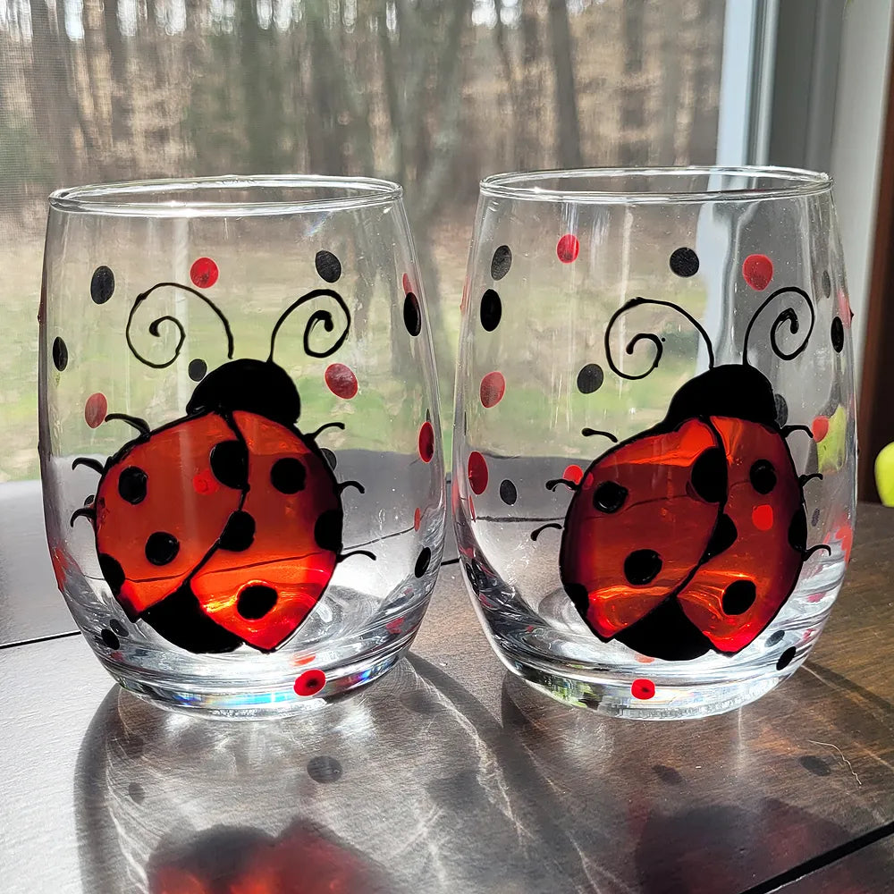 Ladybug Wine Glasses | Set of Two | Hand Painted Personalized Gifts